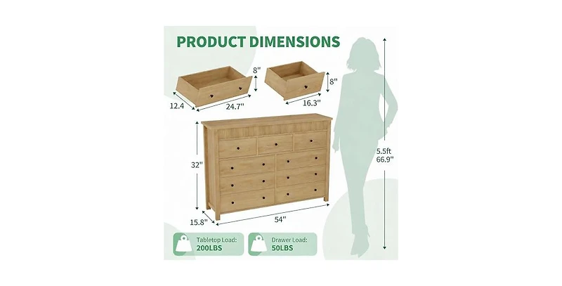 gaomon 7 Drawer Dresser for Bedroom, 54" Wide Modern Fluted Chest of Drawers, Wooden Storage Cabinet