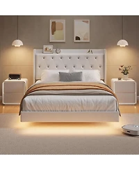 gaomon Modern Queen Floating Bed Frame With Led Lights Soft Fabric Storage Headboard Noise Free No Box Spring