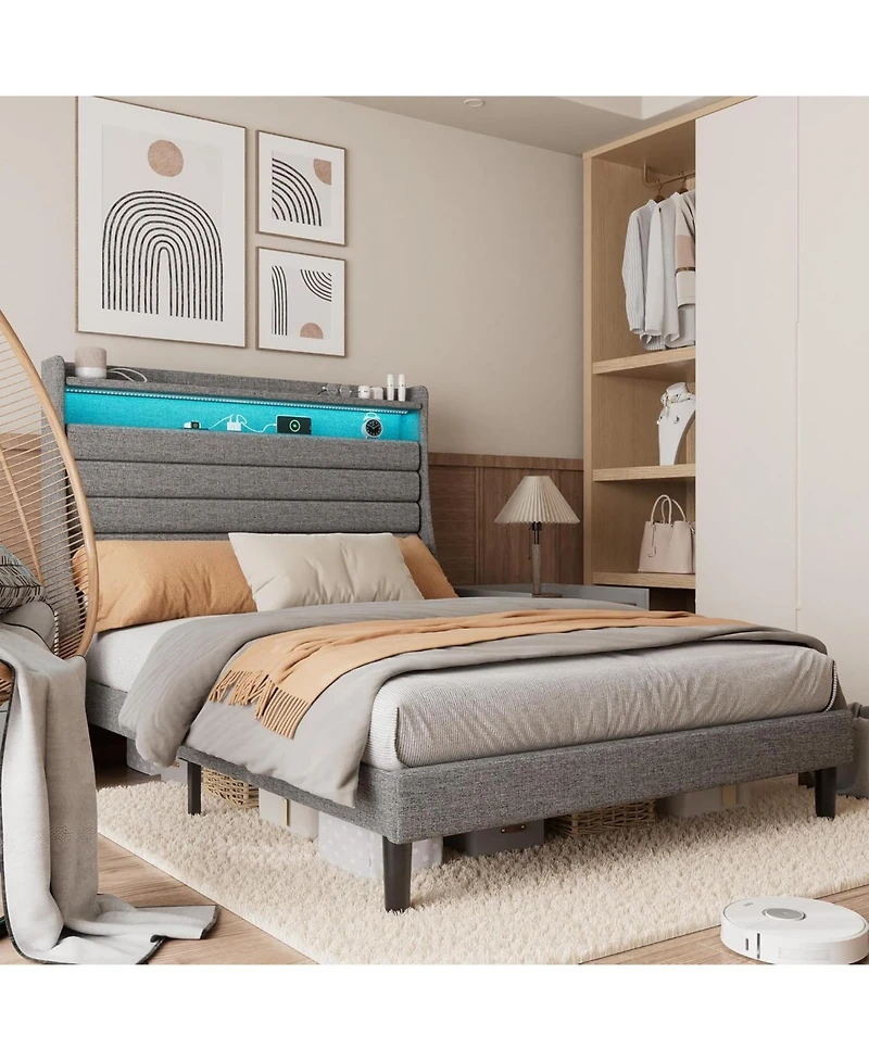 gaomon Full Bed Frame Comfy Upholstered Platform Led Lights Charging Station Wood Slats Easy Build No Box Spring