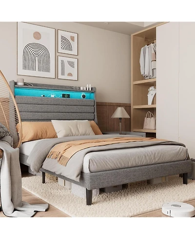 gaomon Full Bed Frame Comfy Upholstered Platform Led Lights Charging Station Wood Slats Easy Build No Box Spring