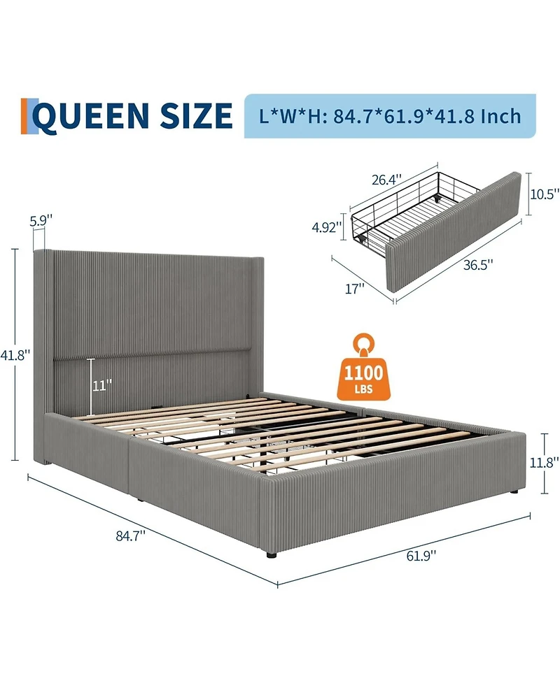gaomon Queen Bed Frame with Storage Drawers Corduroy Upholstery Wingback Tufted Headboard No Box Spring Needed