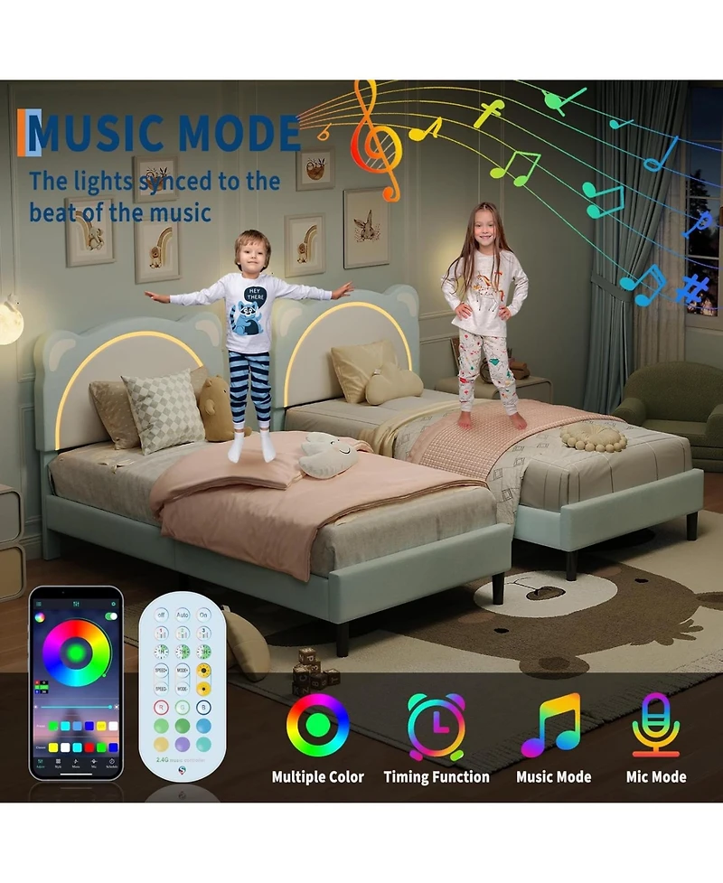 gaomon Twin Xl Bed Frame Upholstered Platform for Kids Adjustable Headboard Led Light Wood Slats No Box Spring