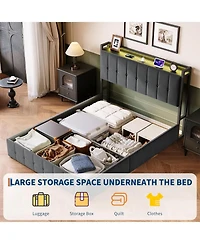 gaomon Lift Up Storage Bed Frame with Led Upholstered Storage Headboard Charging Metal Platform No Box Spring Wood Slats