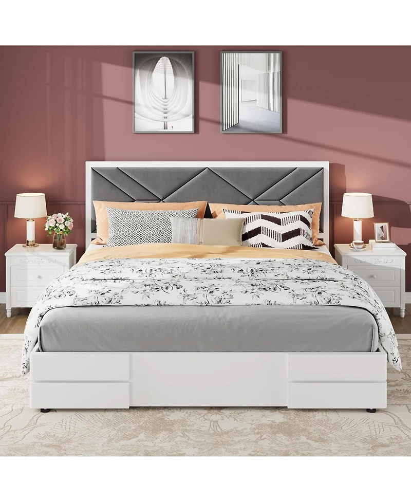 gaomon Queen Size Bed Frame Wood Platform Upholstered Fabric Headboard Wood Slat Support No Box Spring Easy