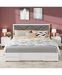 gaomon Queen Size Bed Frame Wood Platform Upholstered Fabric Headboard Wood Slat Support No Box Spring Easy