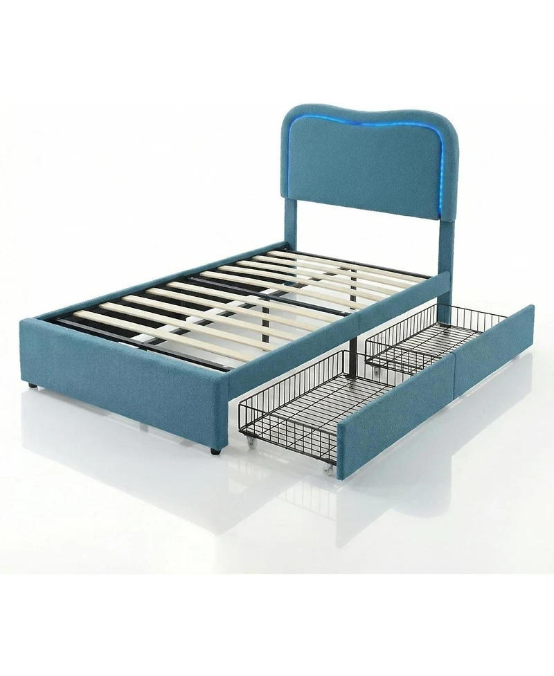 gaomon Boucle Twin Bed Frame with 2 Storage Drawers Upholstered Platform Led Headboard Wood Slats No Box Spring