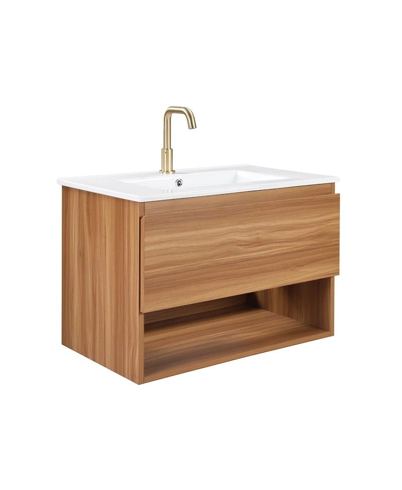 Sillysis 29" Wall Mounted Bathroom Vanity with Sink, Modern Walnut Mdf Cabinet, Large Drawer Storage for Small Space