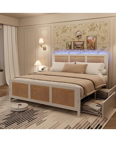 gaomon Full Rattan Bed Frame with Led Headboard, Boho Cane Platform with 4 Drawers, Metal Slats, No Box Spring