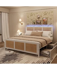 gaomon Full Rattan Bed Frame with Led Headboard, Boho Cane Platform with 4 Drawers, Metal Slats, No Box Spring