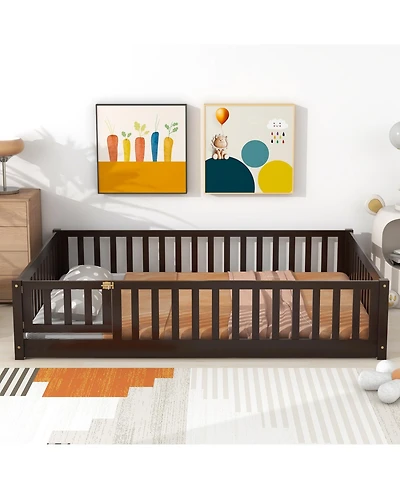 Streamdale Furniture Floor Bed with Fence and Door, Rubber Wood, Espresso