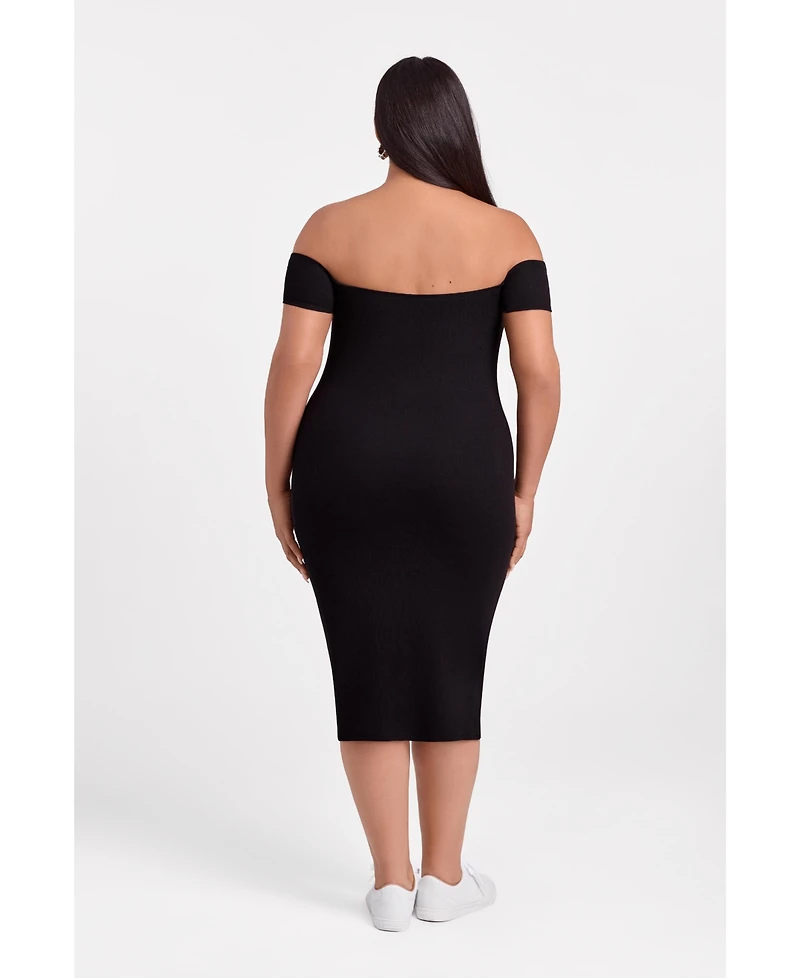 S3 Apparel Women's Off the Shoulder Straight Neck Ribbed Sculpting Midi Dress with Built-In Shapewear