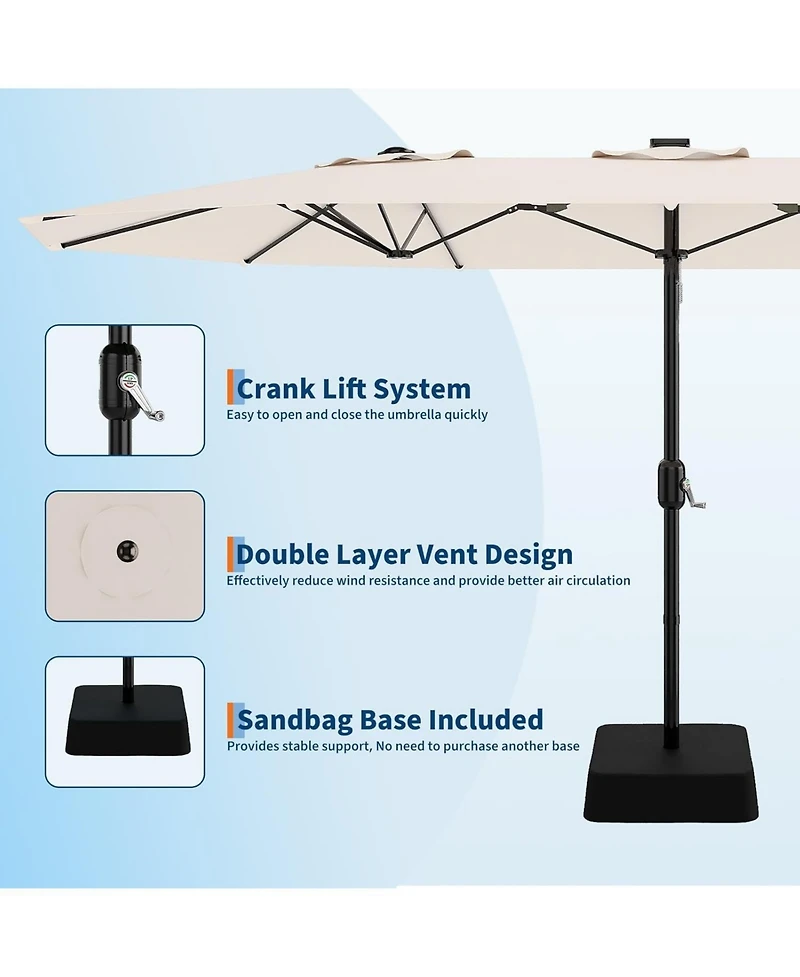 gaomon 15 Ft Outdoor Double-Sided Umbrella with Base, Large Patio Umbrellas Crank Lift Rectangle Market for Poolside Lawn Backyard,