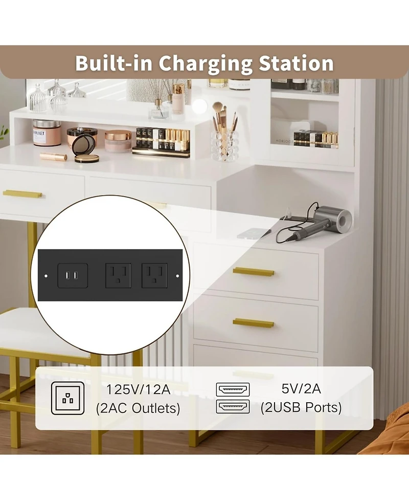 Gaomon Large Makeup Vanity Set with Led Lighted Mirror, Stool, Shelves and Charging Station