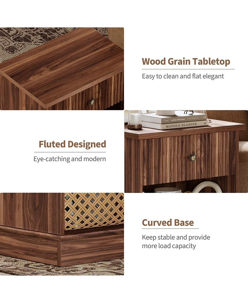 gaomon Fluted Nightstand with Drawer, Mid Century Modern Bedside Table Brown Nightstand with Storage