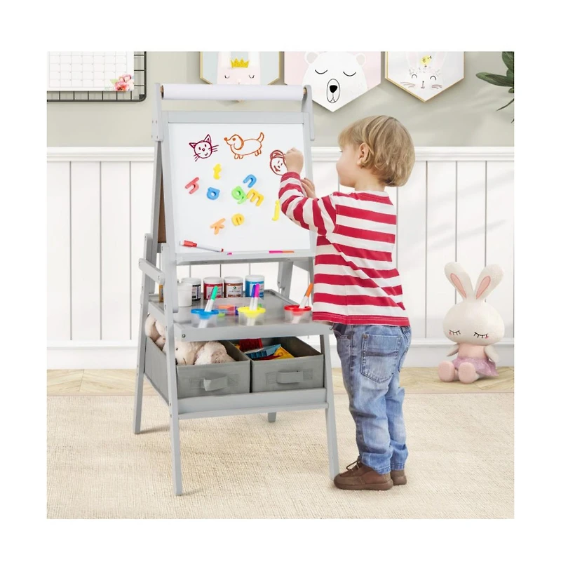 Hongge 3 in 1 Art Easel for Kids with Magnetic Chalkboard and Whiteboard