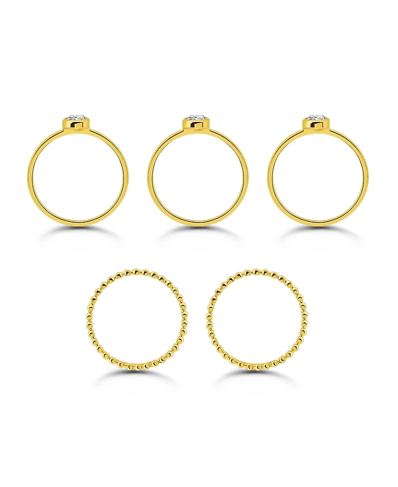 Macy's 1 1/5 cttw 5pc Set- 3-4mm Round Cubic Zirconia Cut Stones Bezel Set on 1.5mm Polish Band + 2- Beaded Rings