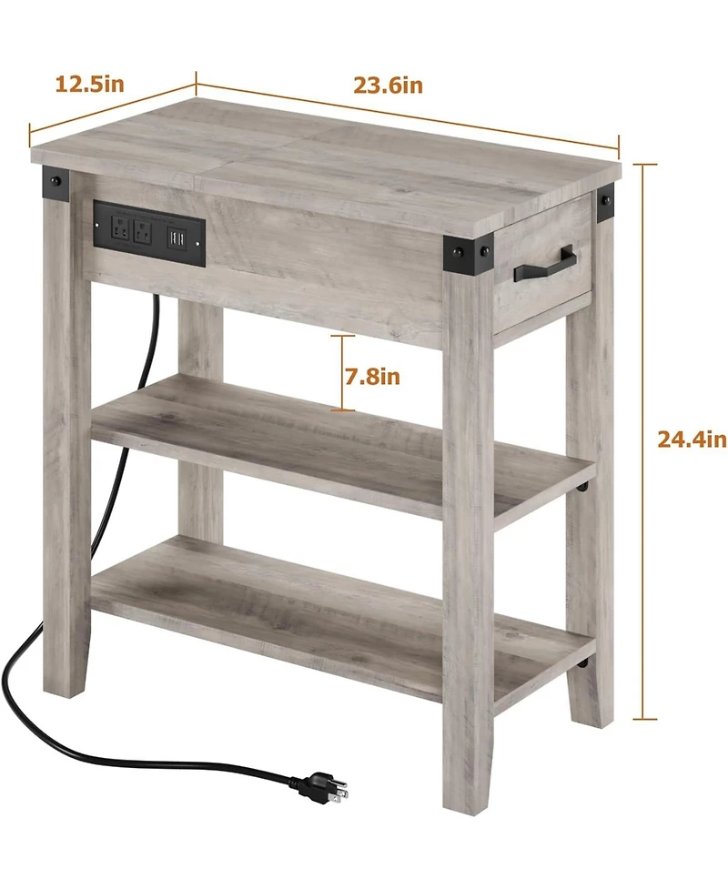 gaomon Narrow Flip-Top End Table with Drawer, Storage Shelves and Charging Station, Pale Oak