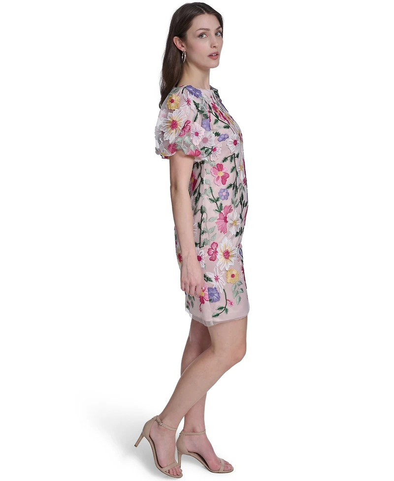 Eliza J Petite Boat Neck Floral Embroidered Mesh Dress