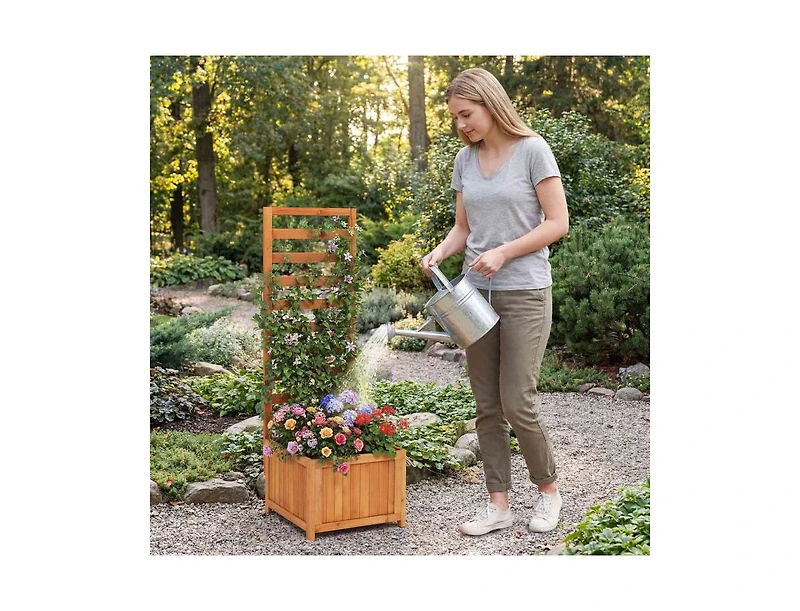 Slickblue 48 Inch Wooden Raised Garden Bed with Trellis & Drainage