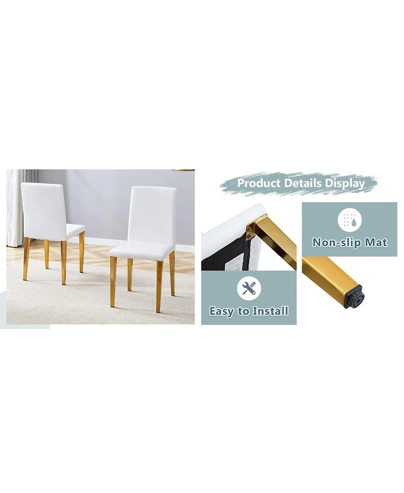 Streamdale Furniture Set of 4 White Pu Dining Chairs with Golden Metal Legs