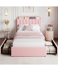 gaomon Bed Frame with Storage Headboard, Kids 2 Drawers, Boucle Upholstered Platform Bookcase