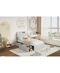 gaomon Bed Frame with Storage Headboard, Kids 2 Drawers, Boucle Upholstered Platform Bookcase