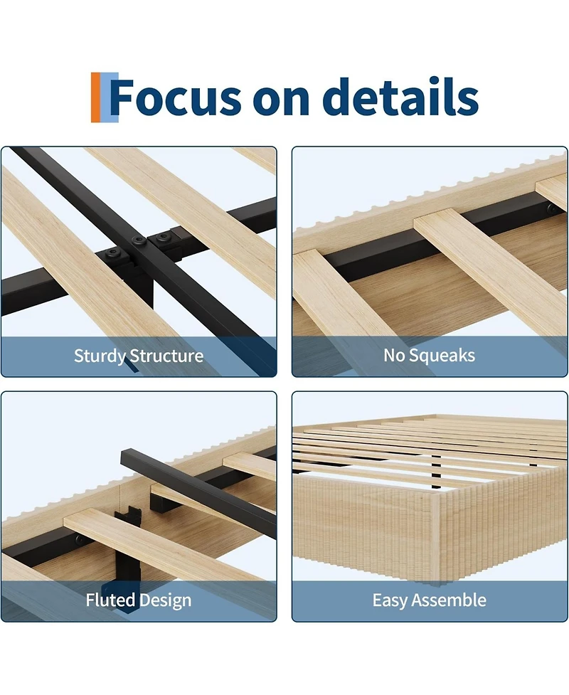 California King Bed Frame, Wood Platform with Fluted Design, Low Profile BedFrame, Minimalist Base Noise-Free, Easy Assembly