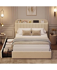 gaomon Bed Frame with Storage Headboard, Kids Bed Frame with 2 Drawers, Boucle Upholstered Platform Bed with Bookcase, No Box Spring Needed