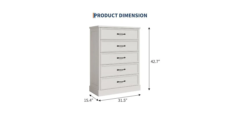 gaomon 5 Drawer Dresser for Bedroom, Wooden 5 Chest of Drawers 43in Tall with Large Storage Drawers
