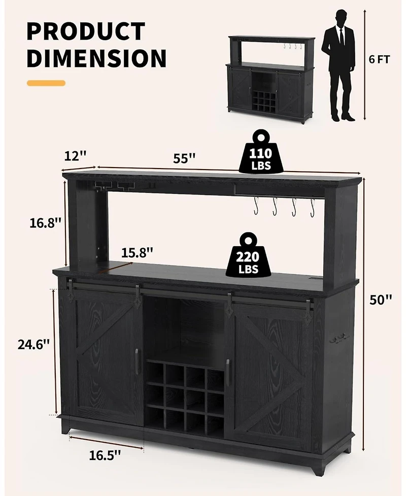 gaomon Farmhouse 55" Coffee Bar Cabinet with Sliding Barn Door & Power Outlet Led Light, Large Kitchen Hutch
