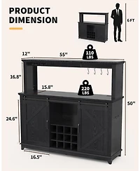 gaomon Farmhouse 55" Coffee Bar Cabinet with Sliding Barn Door & Power Outlet Led Light, Large Kitchen Hutch