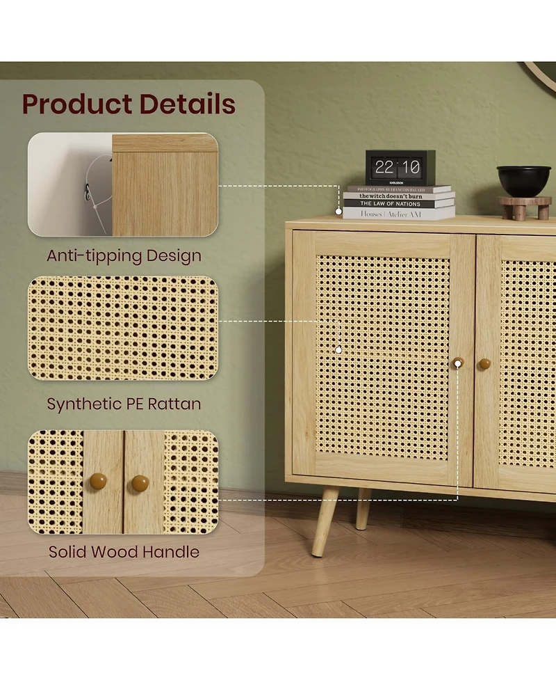 gaomon 47.2" Rattan Sideboard Buffet Cabinet with 3 Doors,Boho Adjustable Shelves, White Console Table for Living R