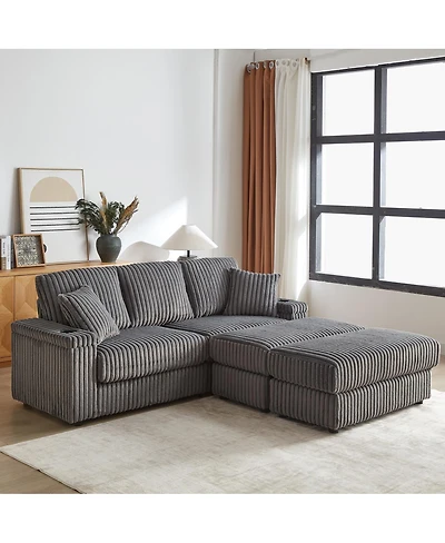 Streamdale Furniture Streamdale 84" Corduroy 3-Seater Sofa w/ Pillows, Ottomans, Storage & Cup Holders