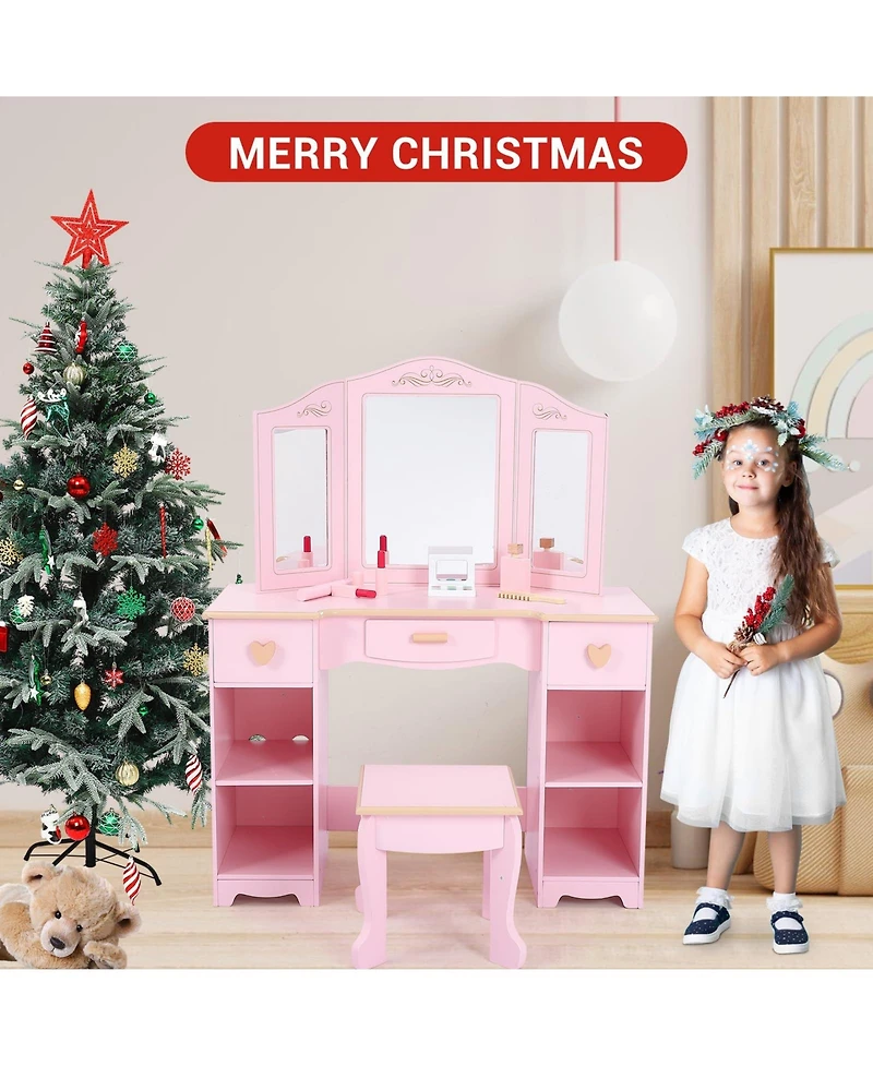 gaomon Kids Pretend Play Vanity Set with Tri-Fold Mirror and Stool