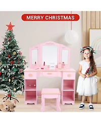 gaomon Kids Pretend Play Vanity Set with Tri-Fold Mirror and Stool