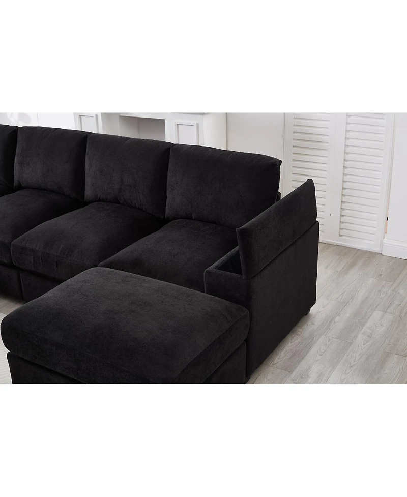 Streamdale Furniture Streamdale Black 4-Seat Corduroy Sectional Sofa Couch with 2 Ottomans