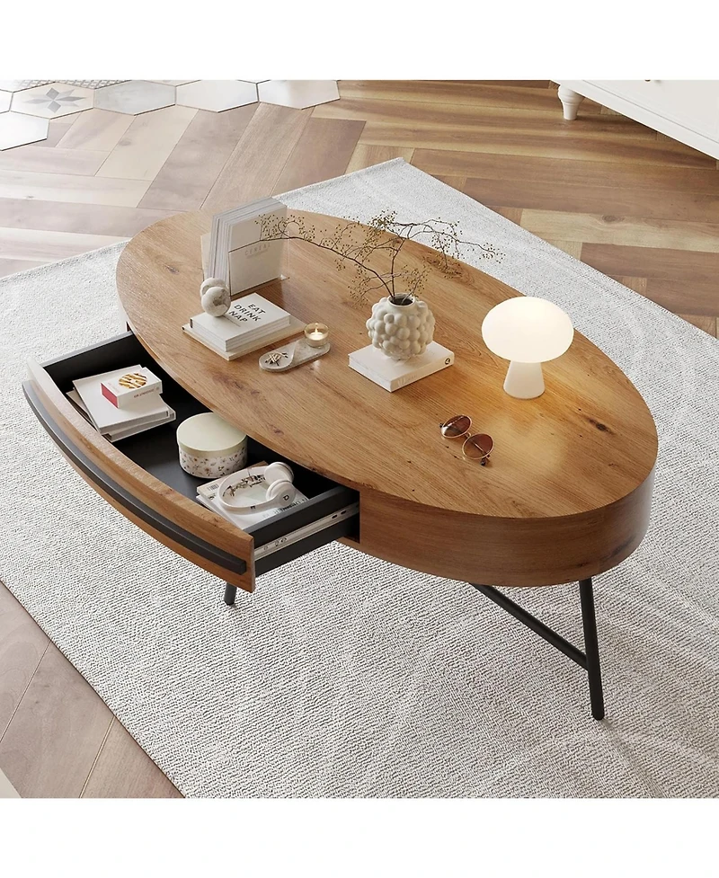 gaomon Mid-Century Modern Oval Coffee Table with Drawer and Cross Metal Legs