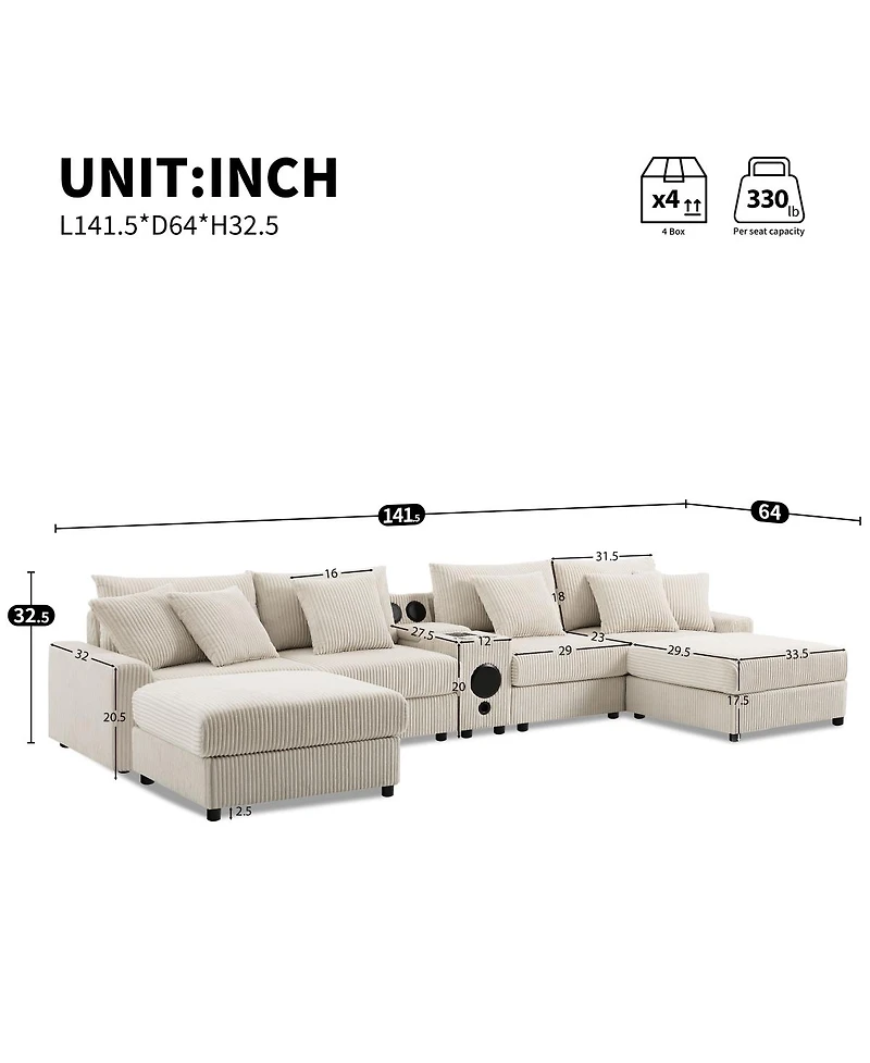 Streamdale Furniture Corduroy U-Shaped Sectional Sofa with Bluetooth, Usb, Cup Holders & Storage