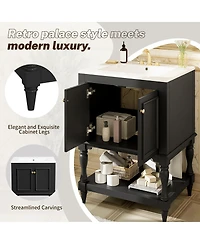 Sillysis 24" Bathroom Vanity with Ceramic Sink, Solid Wood Legs, Carved Palace Style Cabinet, Open Shelf for Small