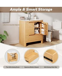 Sillysis 30" Modern Natural Bathroom Vanity with Ceramic Sink, Soft-Close Doors, Bottom Drawer Storage, Freestanding Cabinet