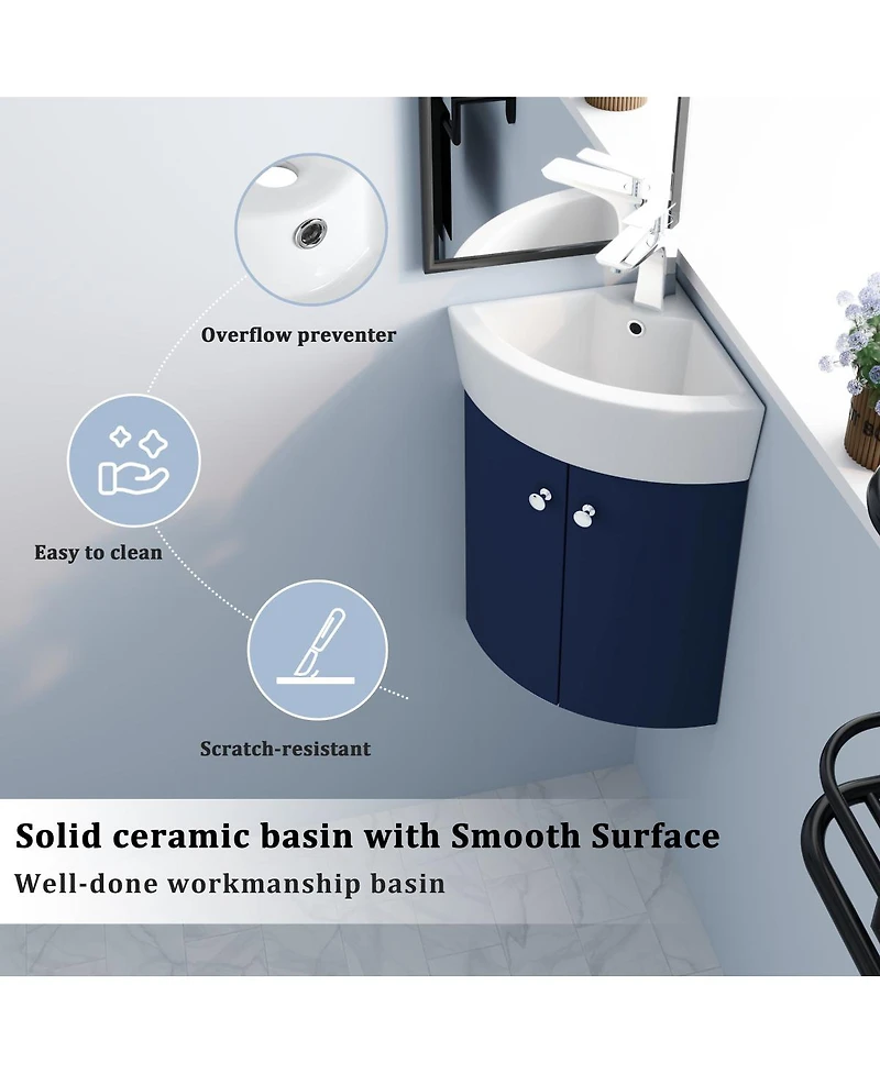 Sillysis Corner Bathroom Vanity with Sink, Wall Mounted Ceramic Basin, Soft Closing Doors, Pre-assembled for Small Spaces