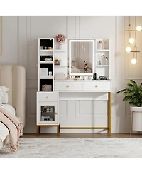 gaomon Modern Makeup Vanity Set with 3-Mode Lighted Mirror, Stool, 3 Drawers and Cabinet