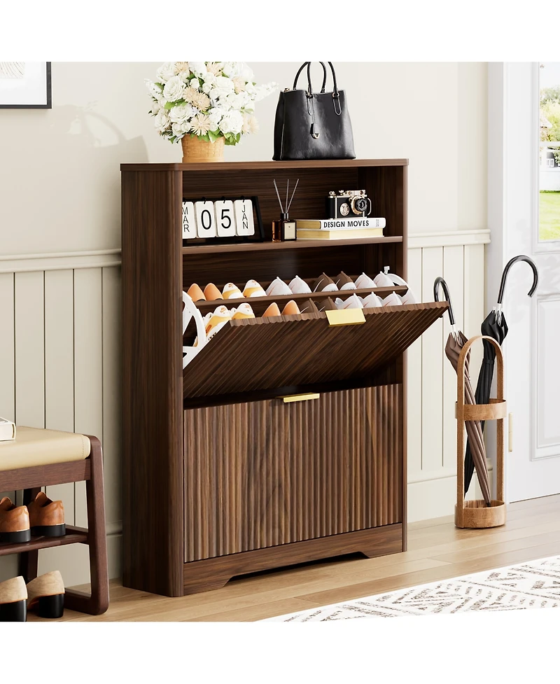 Clihome Shoes Storage Cabinet with 2 Flip Drawers, Tall Free Standing Shoe Organizer Rack