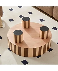 Boyel Living Round Wood Coffee Table with Oak Veneer, Striped Finish for Living Room Accent