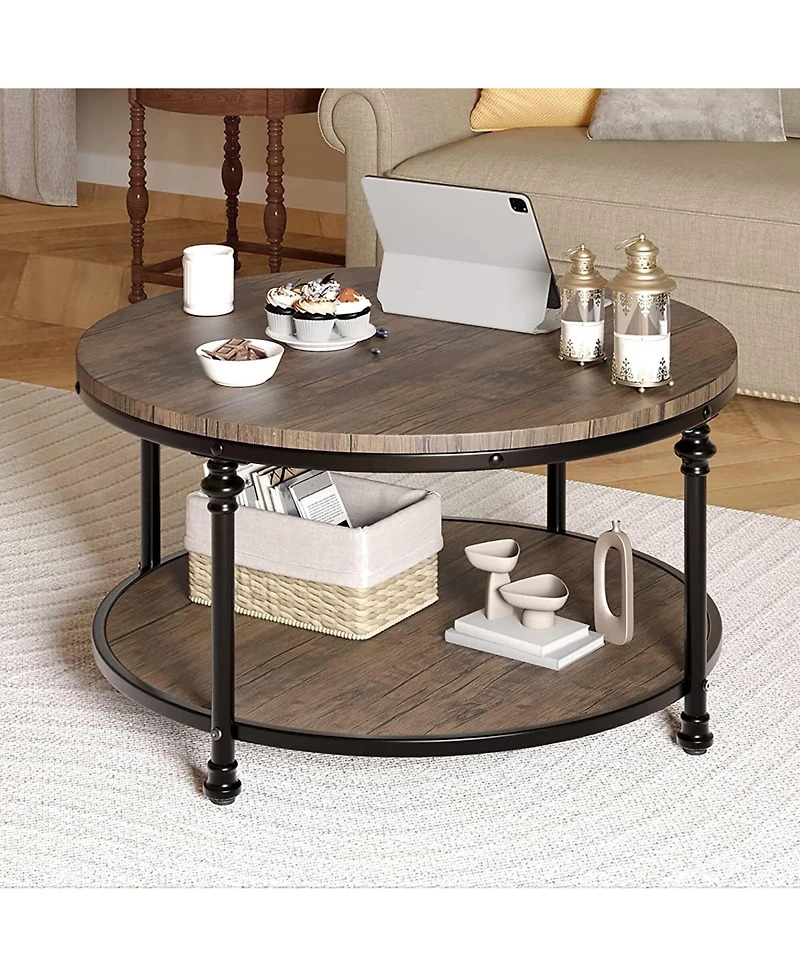 gaomon Round Rustic 2-Tier Wood Coffee Table with Metal Legs and Storage Shelf