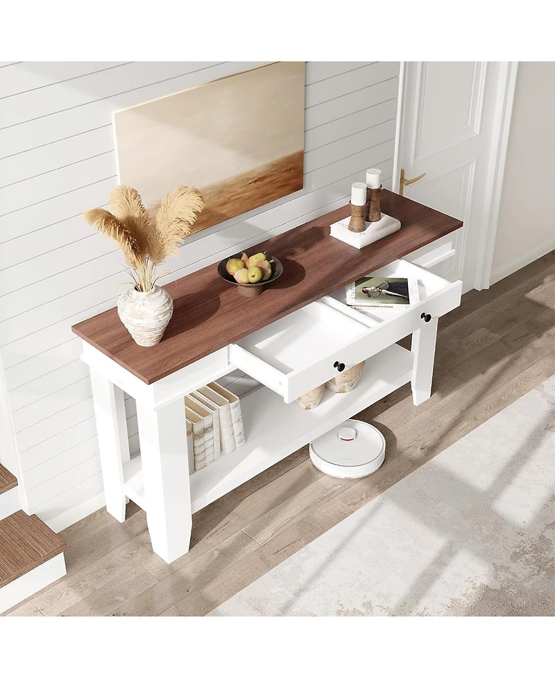 gaomon 54" Farmhouse Rectangular Wooden Console Table with Drawers and Open Shelf