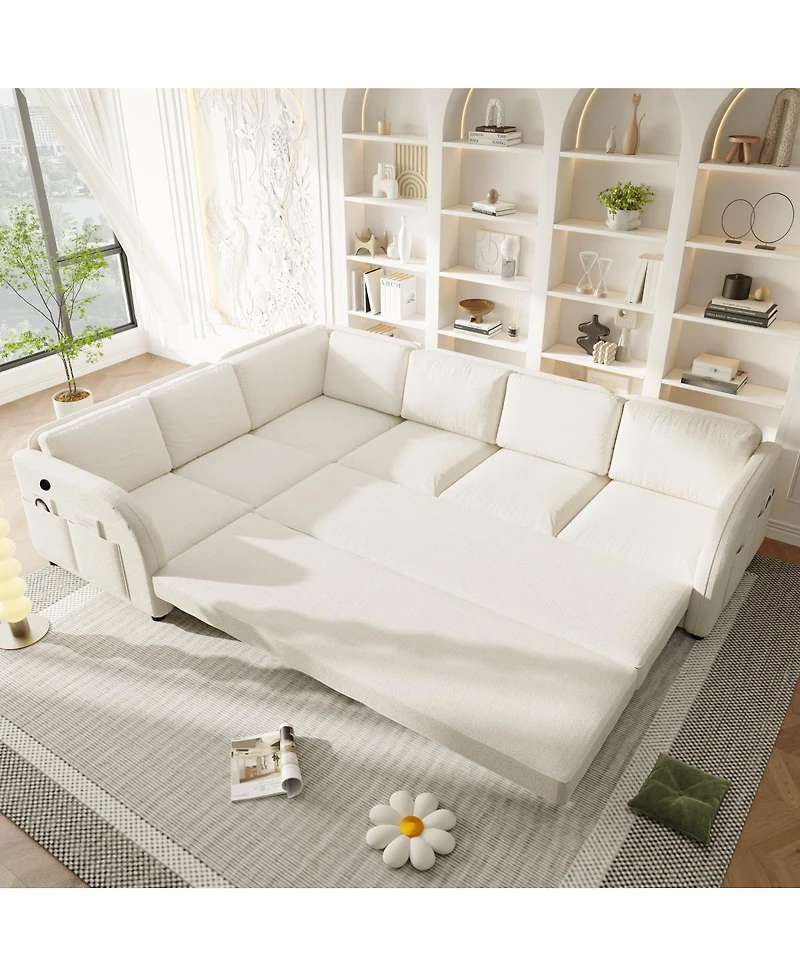 Streamdale Furniture Streamdale L-Shaped Sofa Couch with Pull-Out Bed & Usb Port, Teddy Upholstered Sectional