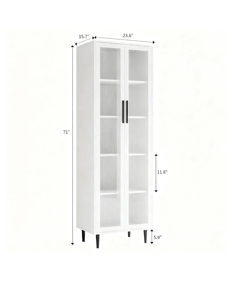 Yigii 71" Glass Door Bookshelf 5-Tier Display Cabinet Narrow Storage