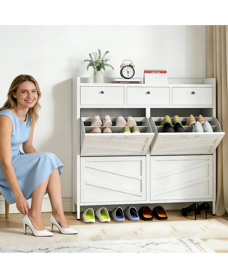 Rainsken Hidden Slim 4 Flip Drawer & 3 Drawer Feature Shoe Storage Cabinet