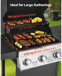 Ecooso 3-Burner Propane Gas Grill with 338 Sq. In. Cooking Area, 36,000 Btu, Foldable Side Shelves